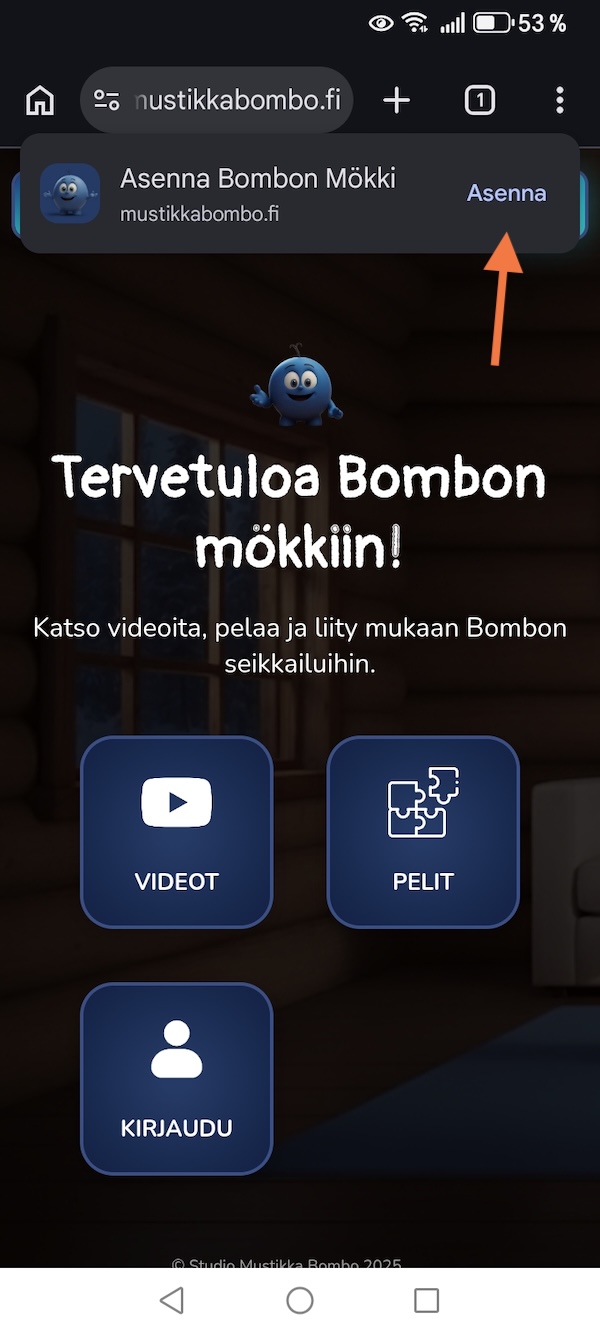 Android asennusilmoitus näkyy selaimessa