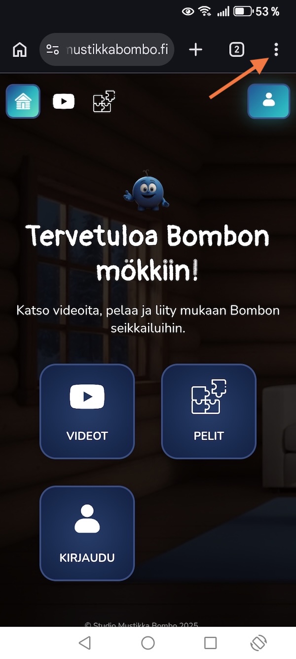 Android selainvalikko kolme pistettä