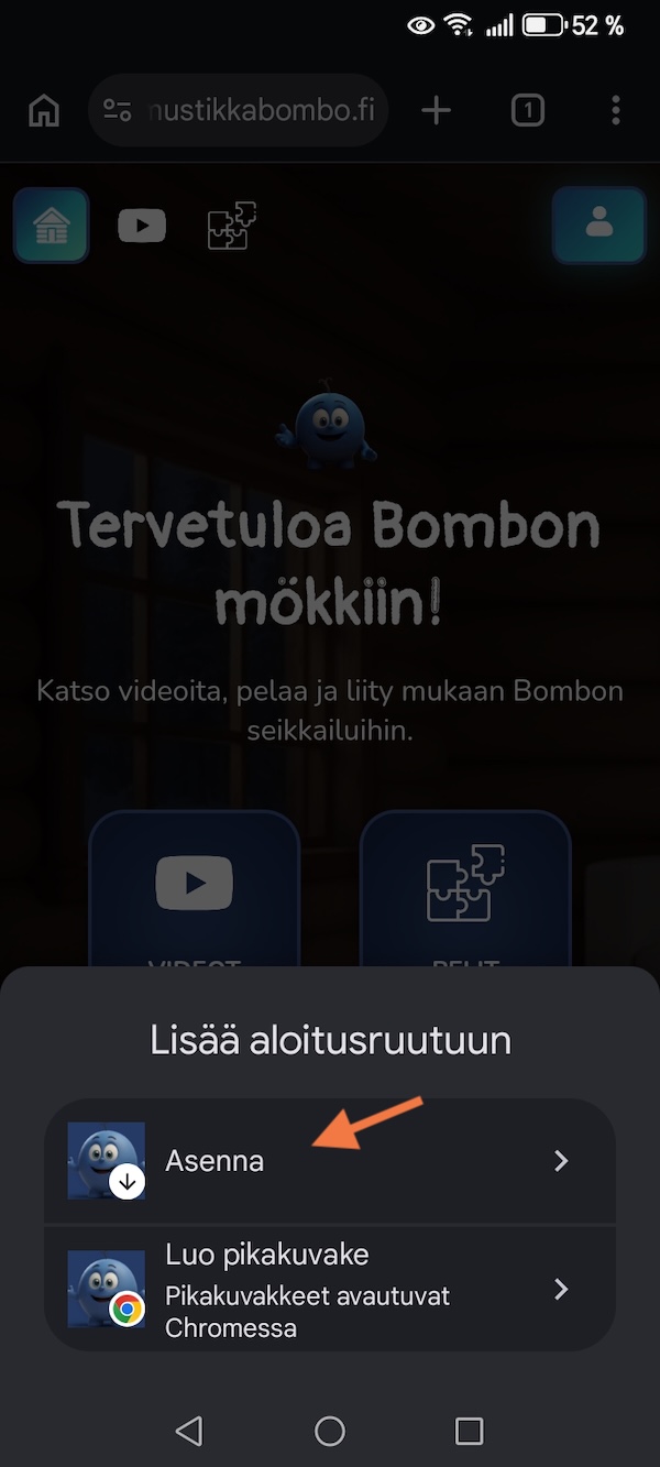 Android Lisää aloitusruutuun näkymä ja Asenna-valinta