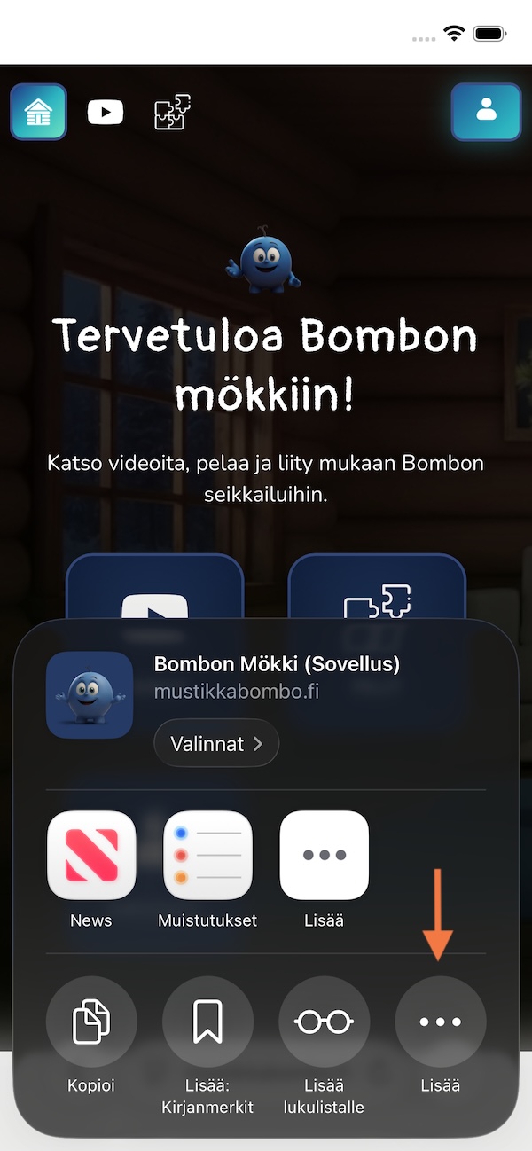 iPhone lisävalikko sovellussivulla