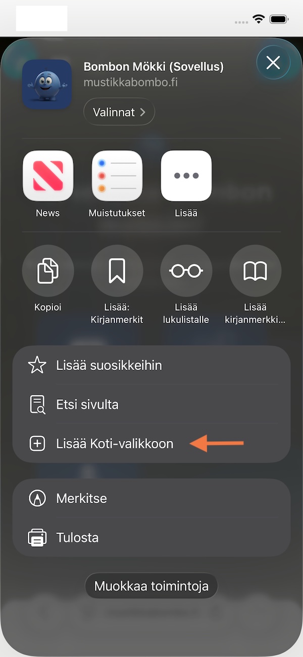 iPhone Lisää Koti-valikkoon